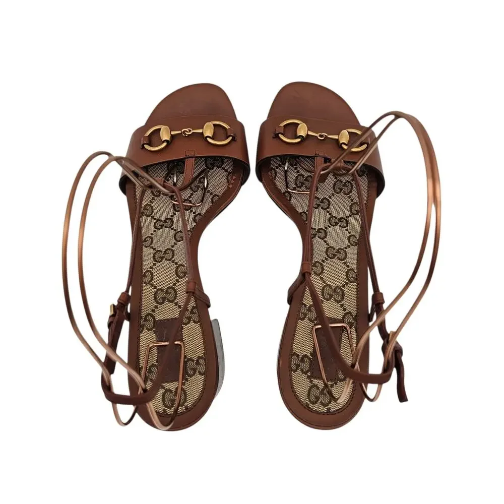 Gucci GG Brown Leather Horsebit T Strap Block Heel Sandal Gold Size 40 US 10